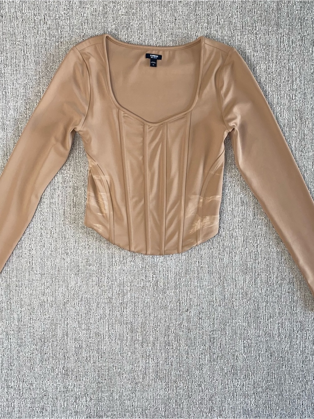 Express Tan Faux-Leather Long-Sleeve Crop Corset Top